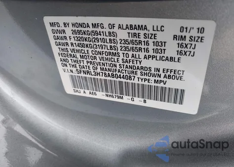 2010 Honda Odyssey Ex-L z USA, uszkodzony, nr VIN 5FNRL3H78AB044087